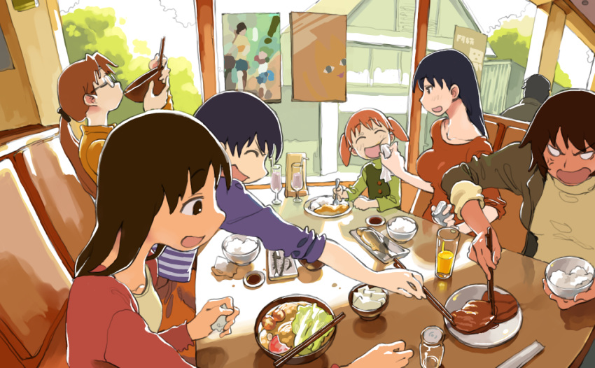 6+girls, anger_vein, ayase_fuuka, azumanga_daioh, black_hair, brown_hair, chiyo_chichi, chopsticks