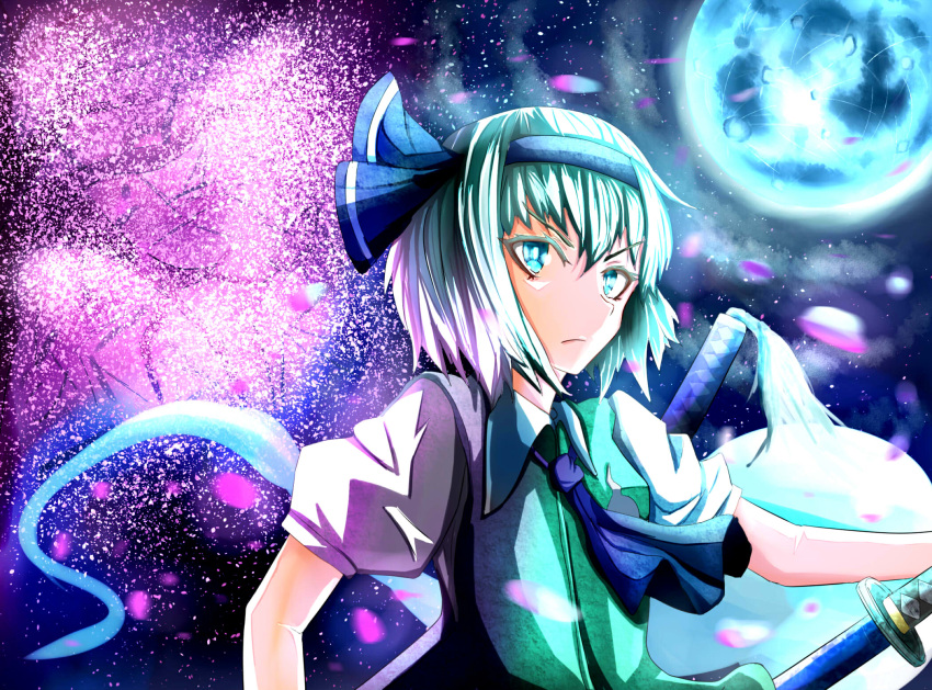 1girl, aruto2498, ascot, blue_eyes, bow, bust, cherry_blossoms, cherry_trees