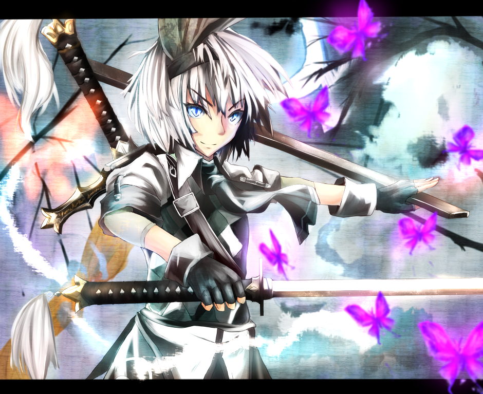 1girl, aruto2498, ascot, blue_eyes, bust, butterfly, dress_shirt, fingerless_gloves