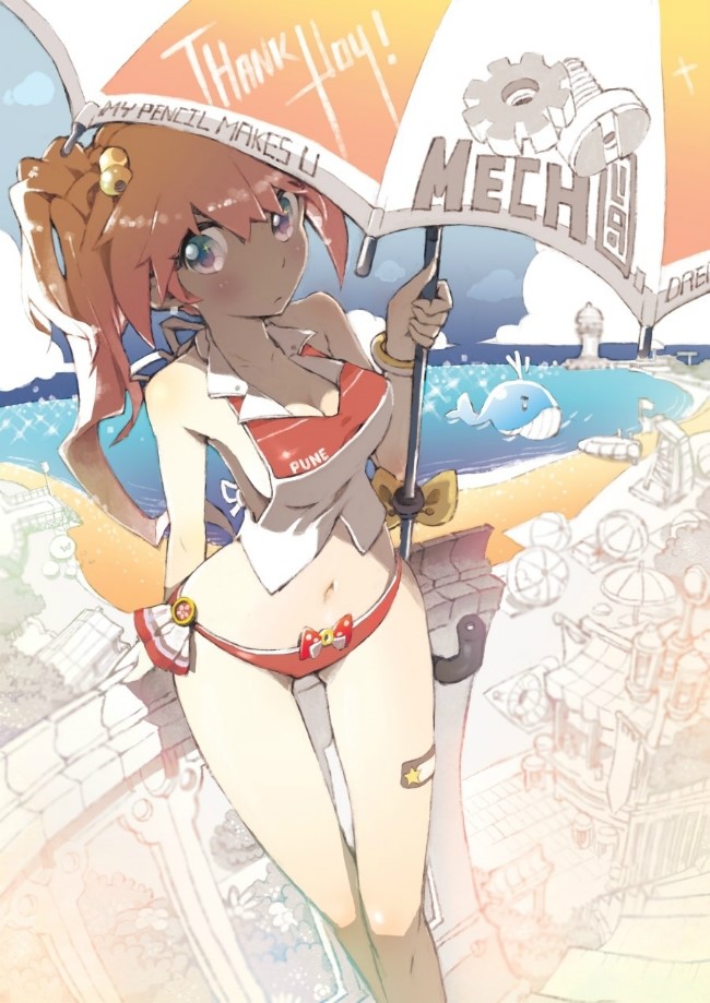 beach, blush, breasts, cleavage, hair_bobbles, hair_ornament, light_brown_hair, lighthouse, long_hair, ocean, original, parasol, ponytail, punew, screw, swimsuit, umbrella, whale