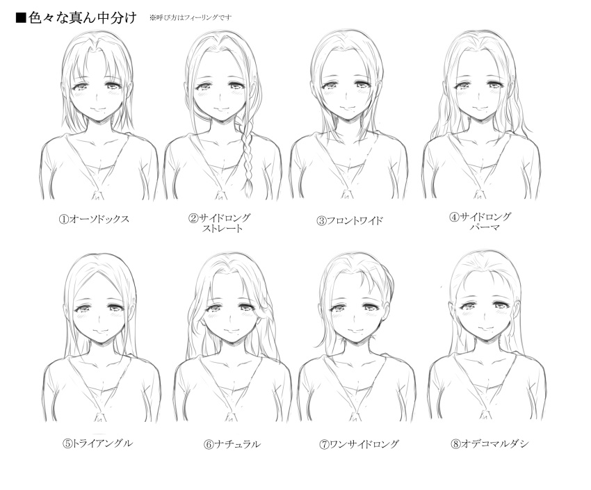 1girl, bust, character_sheet, gan_(shanimuni), highres, long_hair, looking_at_viewer, monochrome, original, sanae_(gan), short_hair, simple_background, solo, translation_request, white_background