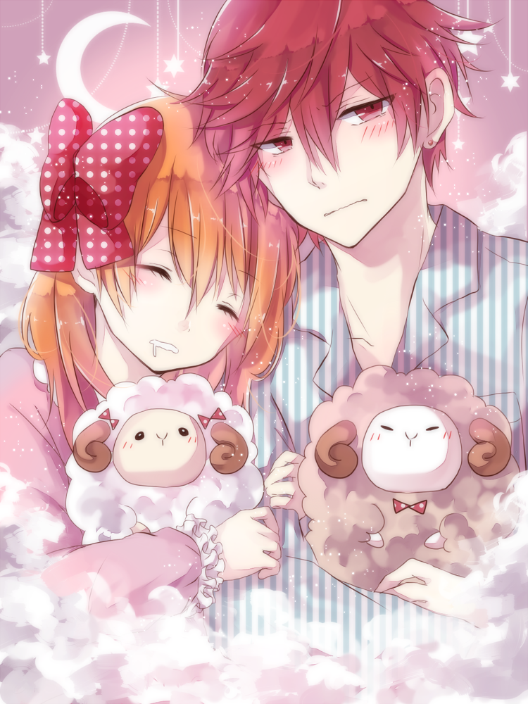 1boy, 1girl, blush, closed_eyes, clouds, drooling, embarrassed, gekkan_shoujo_nozaki-kun
