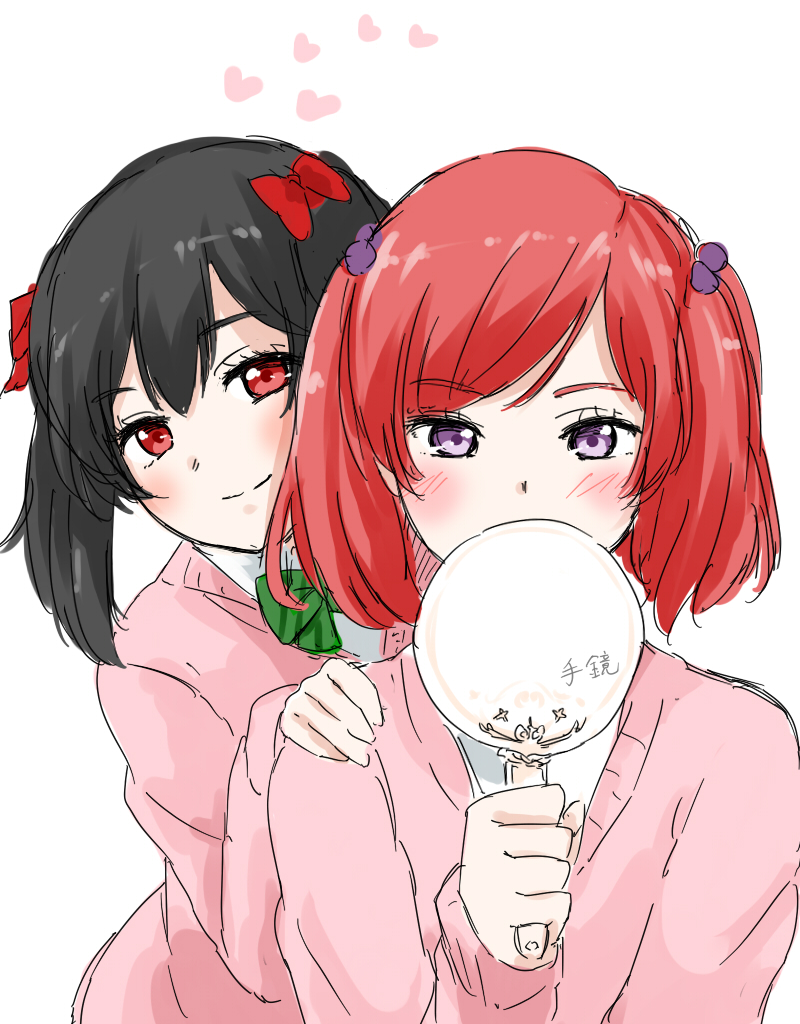 2girls, alternate_hairstyle, black_hair, blush, bow, hair_bobbles, hair_ornament, hand_on_another's_shoulder