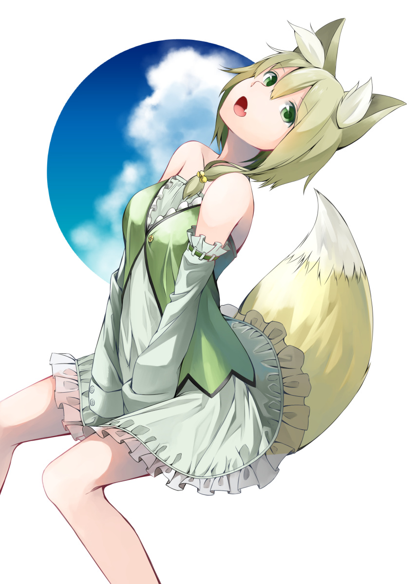 1girl, absurdres, animal_ears, bare_shoulders, blonde_hair, detached_sleeves, dress, fang