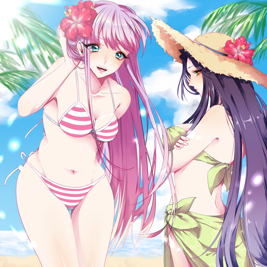 2girls, aqua_eyes, beach, bikini, black_hair, breasts, crossed_arms, flower