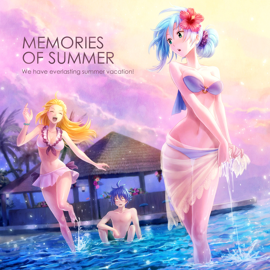 1boy, 2girls, ^_^, bare_shoulders, barefoot, bikini, blonde_hair, blue_eyes