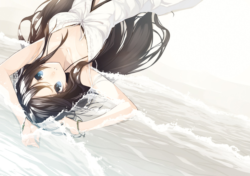 1girl, arms_up, bare_shoulders, beach, black_hair, blue_eyes, bracelet, dress