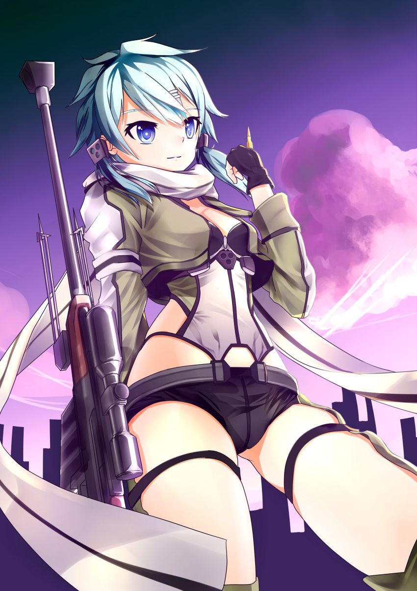 1girl, absurdres, anti-materiel_rifle, aoi_kao_(lsz7106), blue_eyes, blue_hair, fingerless_gloves, gloves