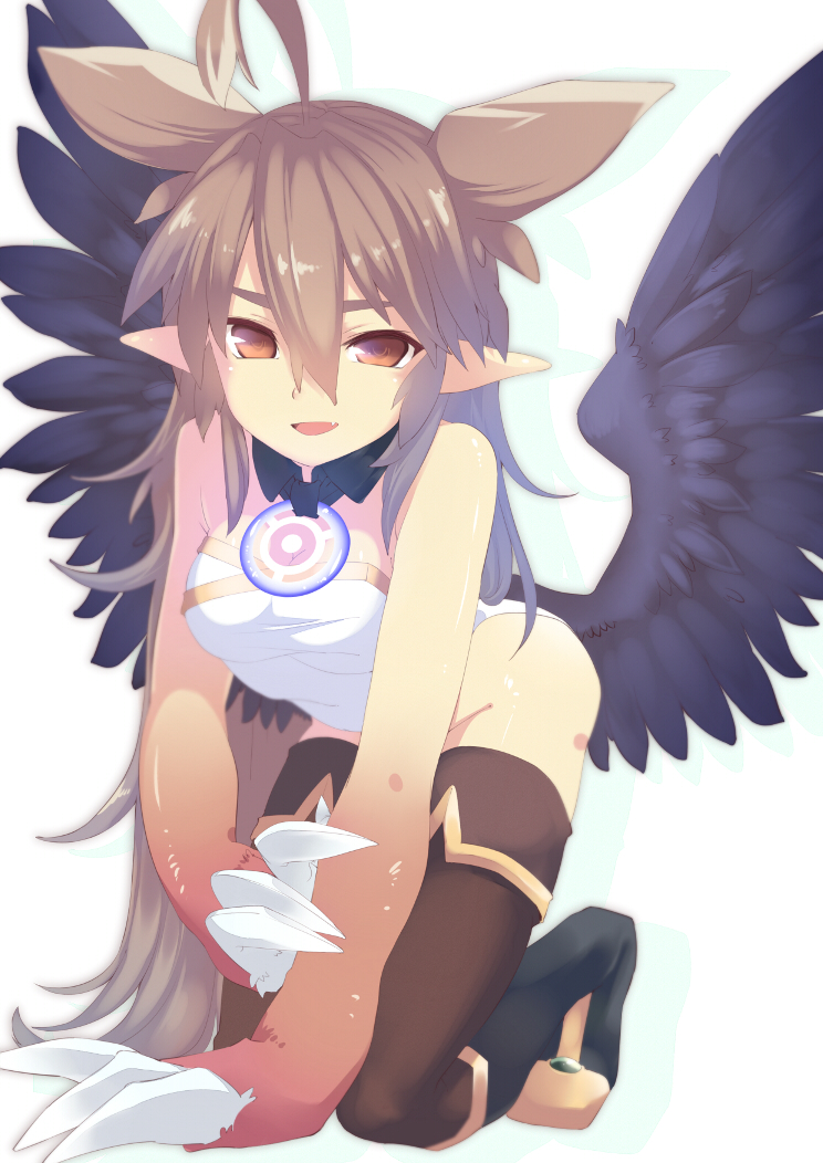 1girl, ahoge, all_fours, boots, brown_eyes, brown_hair, claws, fang