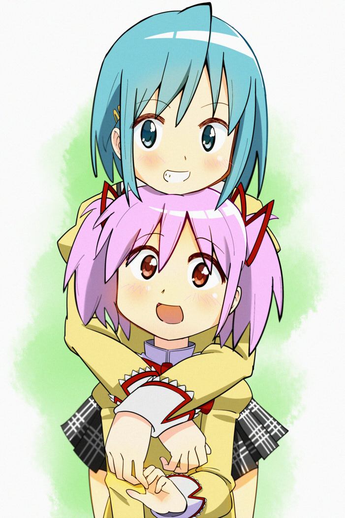 2girls, :d, blue_eyes, blue_hair, grin, hair_ornament, hair_ribbon, hairclip