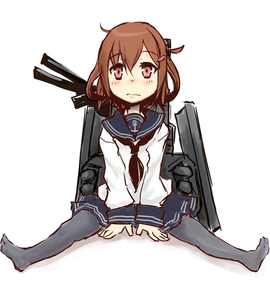 1girl, black_legwear, brown_eyes, brown_hair, hair_ornament, hairclip, ikazuchi_(kantai_collection), kantai_collection