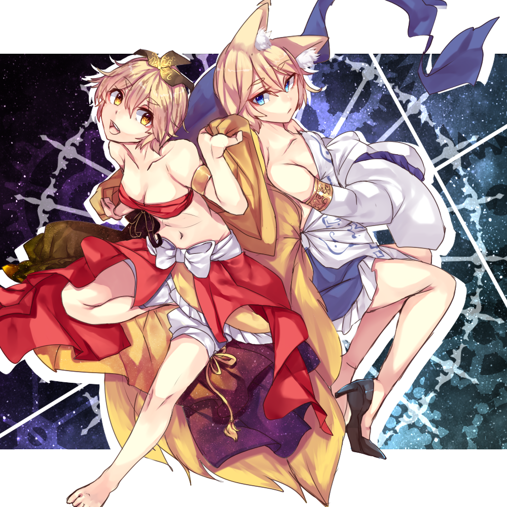 2girls, alternate_costume, animal_ears, bandeau, bare_legs, blonde_hair, blue_eyes, blue_skirt, breasts, cleavage, collarbone, cropped_overshirt, detached_sleeves, dress, eyebrows, fox_ears, fox_tail, hair_between_eyes, hands_together, high_heels, looking_at_another, midriff, miniskirt, multiple_girls, multiple_tails, nabezuru, navel, off_shoulder, short_dress, short_hair, skirt, tail, toramaru_shou, touhou, white_dress, wide_sleeves, yakumo_ran, yellow_eyes, yellow_skirt