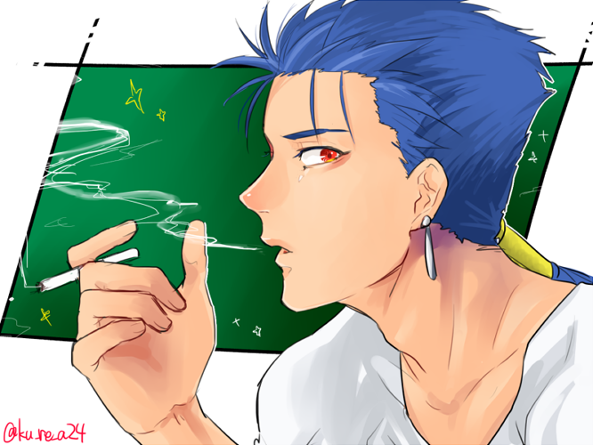 1boy, blue_hair, bufm, cigarette, earrings, fate/stay_night, fate_(series), jewelry, lancer, long_hair, ponytail, profile, red_eyes, solo
