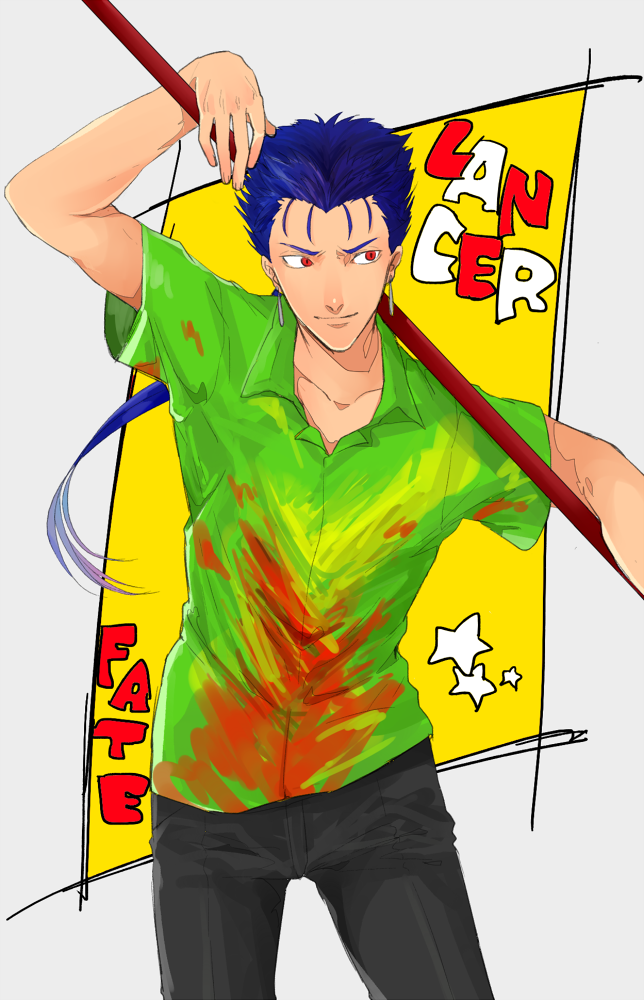 1boy, blue_hair, bufm, fate/hollow_ataraxia, fate_(series), gae_bolg, hawaiian_shirt, lancer, long_hair, polearm, ponytail, red_eyes, solo, spear, weapon
