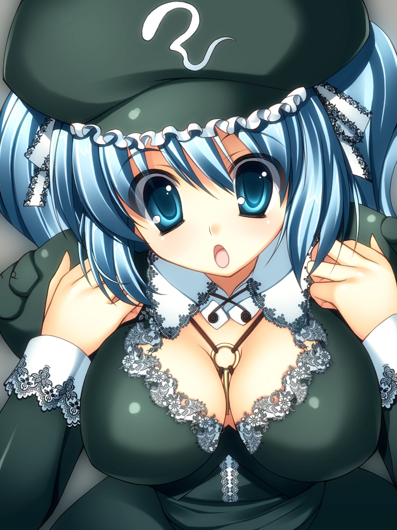:o, arano_takeshi, between_breasts, blue_eyes, blue_hair, breasts, cleavage, embellished_costume