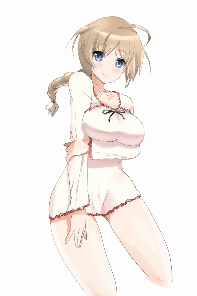 1girl, ahoge, blue_eyes, braid, breasts, brown_hair, large_breasts, long_hair