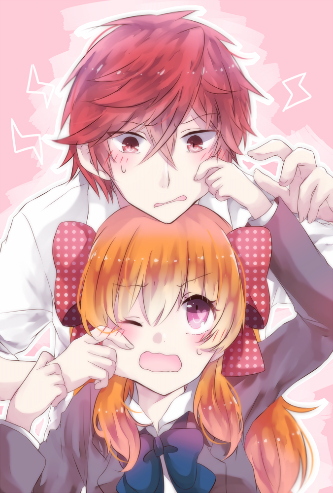 1boy, 1girl, blazer, bow, cheek_pinching, cheek_pull, gekkan_shoujo_nozaki-kun, hair_bow