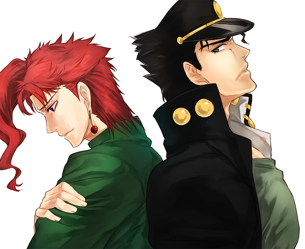 2boys, back-to-back, earrings, gakuran, green_eyes, jewelry, jojo_no_kimyou_na_bouken, kakyouin_noriaki, kuujou_joutarou, miyakomu, multiple_boys, redhead, school_uniform, violet_eyes