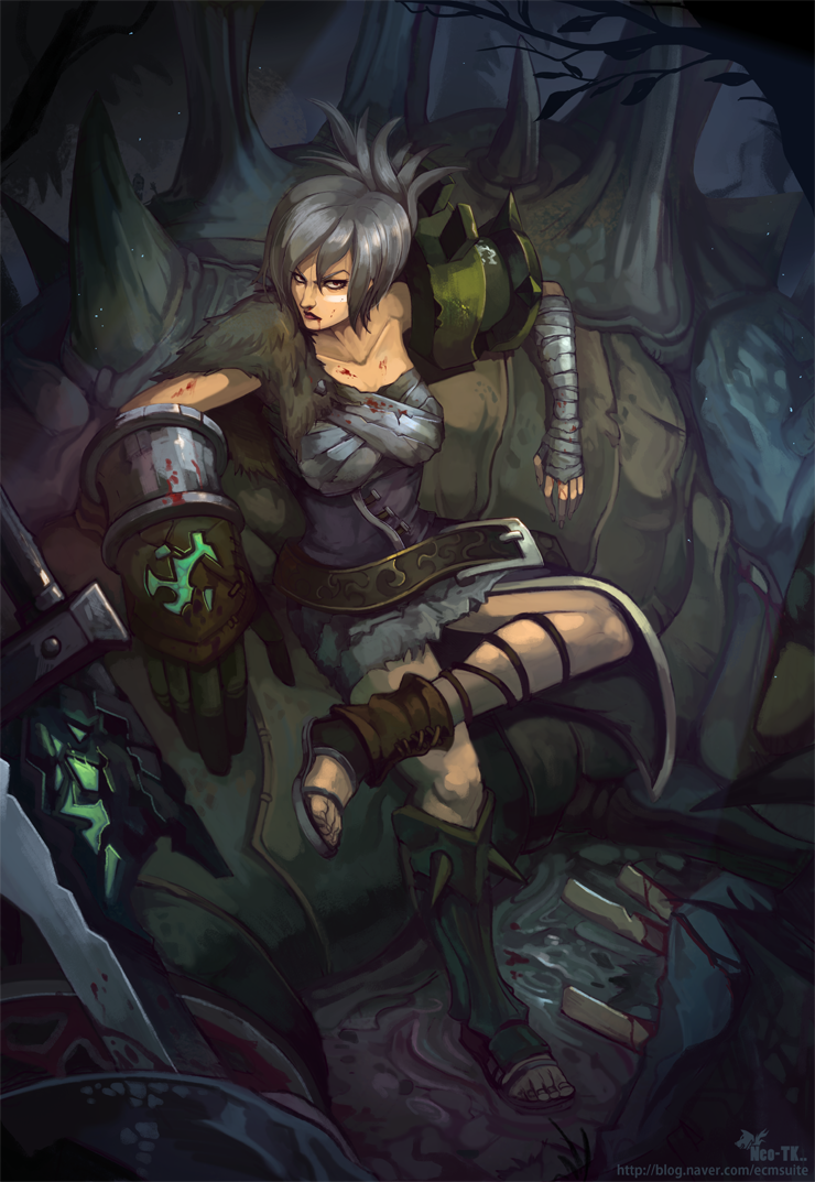 1girl, alternate_costume, asymmetrical_clothes, bandages, belt, blood, bloody_clothes, breasts, corset, folded_ponytail, gauntlets, huge_weapon, league_of_legends, leg_warmers, lips, monster, neo-tk.., nose, pauldrons, riven_(league_of_legends), sandals, sarashi, short_hair, silver_hair, solo, spikes, sword, weapon