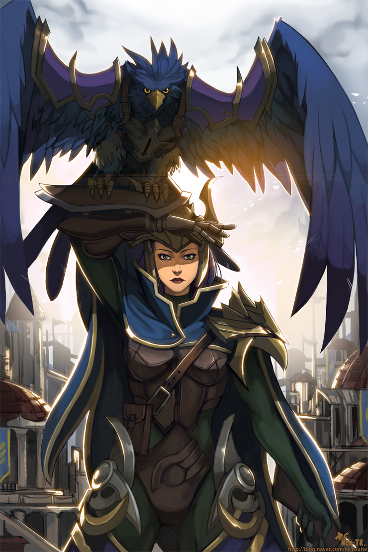 1girl, armor, bird, cape, full_armor, gloves, helmet, league_of_legends