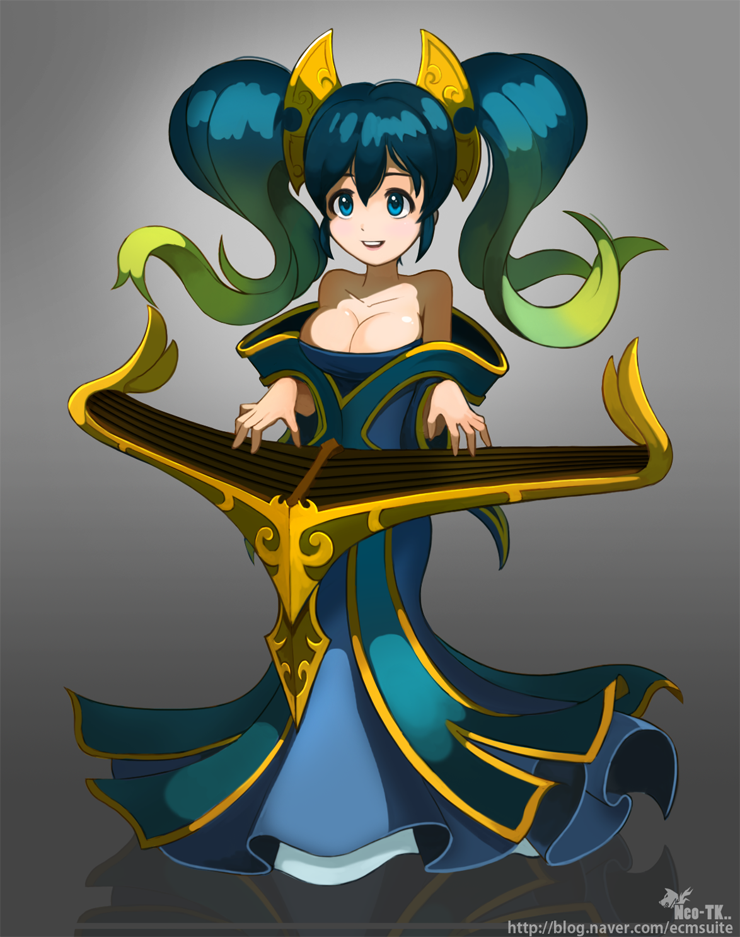 1girl, aqua_hair, bare_shoulders, breasts, cleavage, gradient_hair, green_eyes, green_hair