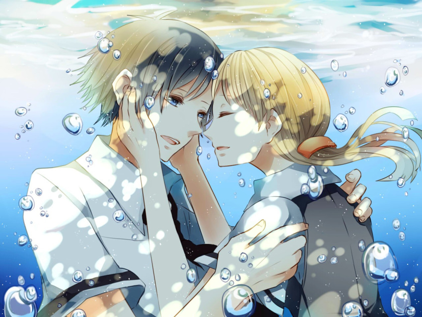 1boy, 1girl, ansatsu_kyoushitsu, black_hair, blonde_hair, blue_eyes, bubble, closed_eyes