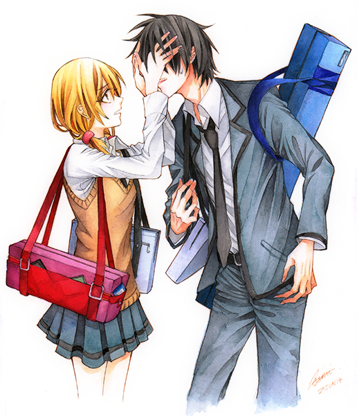 1boy, 1girl, ansatsu_kyoushitsu, ayasemn, black_hair, blonde_hair, chiba_ryuunosuke, hand_on_another's_face, hayami_rinka, long_hair, school_uniform, short_hair