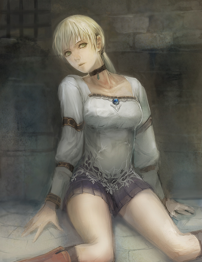 1girl, bangs, blonde_hair, blouse, boots, brooch, choker, demento