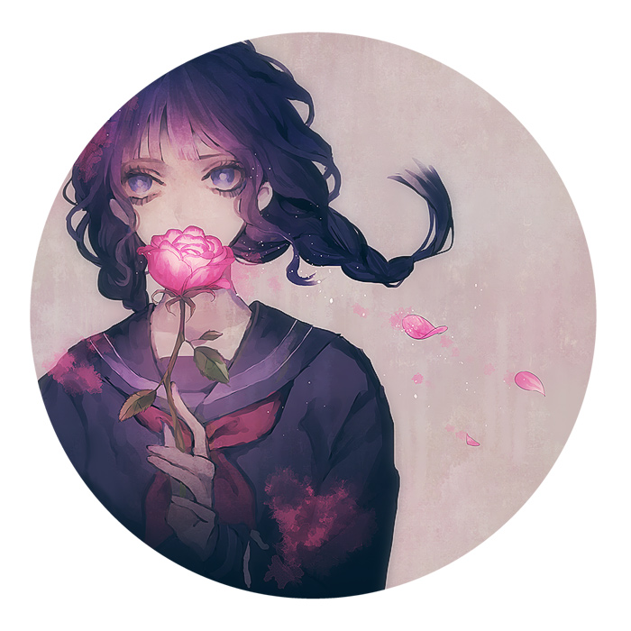 1girl, braid, circle, error501, flower, holding, holding_flower, messy_hair