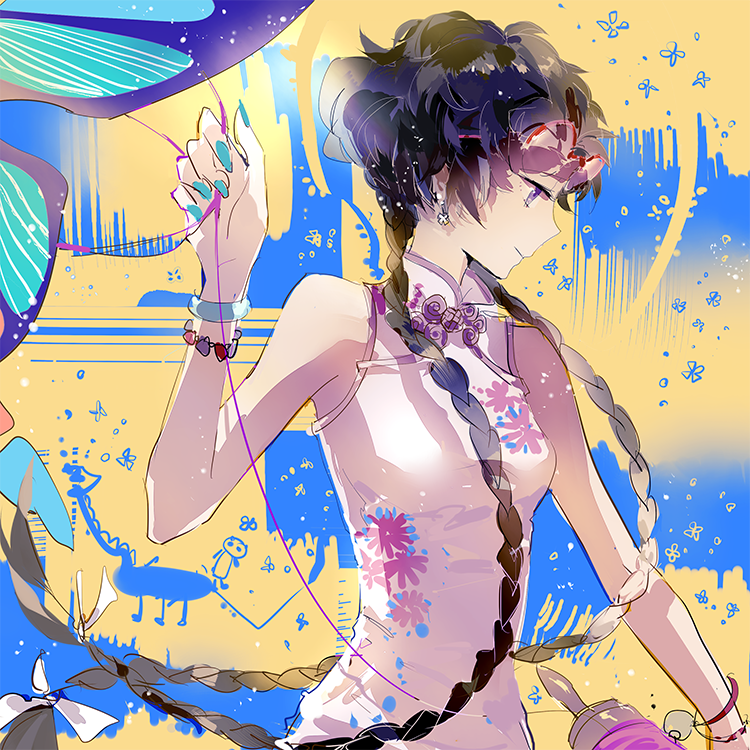 1girl, bare_shoulders, black_hair, bracelet, braid, chinese_clothes, earrings, glasses_on_head