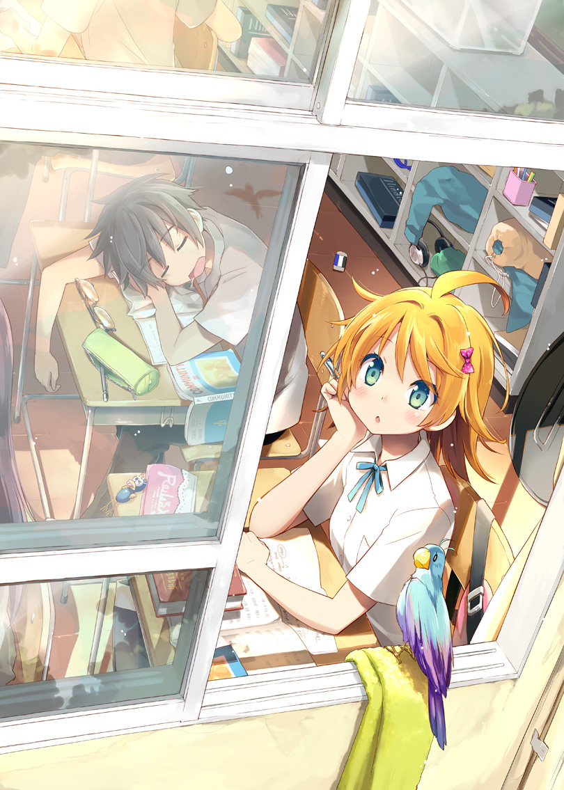 1boy, 1girl, aqua_eyes, bird, black_hair, blonde_hair, book, bow