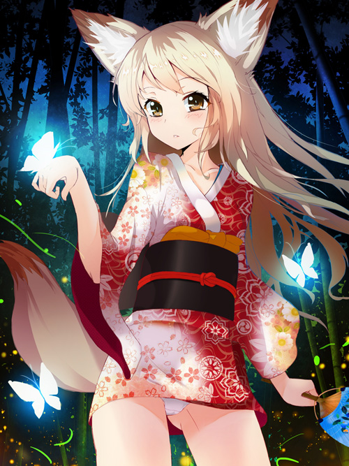1girl, animal_ears, bamboo, bamboo_forest, blonde_hair, brown_eyes, butterfly, fan, forest, fox_ears, fox_tail, japanese_clothes, long_hair, nature, original, panties, pantyshot, pantyshot_(standing), sixingcao, solo, standing, tail, underwear