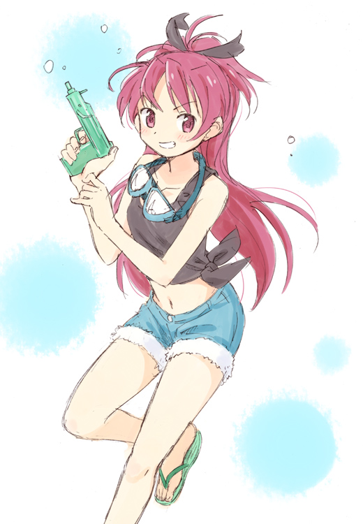 1girl, alternate_costume, blush, bow, cutoffs, denim, denim_shorts, goggles