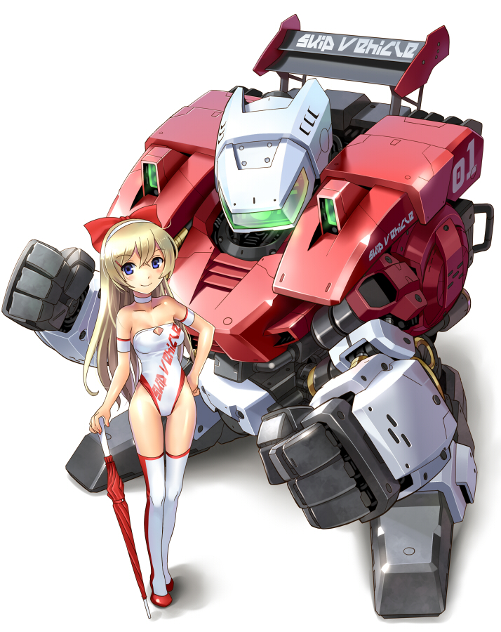 1girl, bare_shoulders, bishoujo_yuugekitai_battle_skipper, blonde_hair, blue_eyes, bow, breasts, cleavage