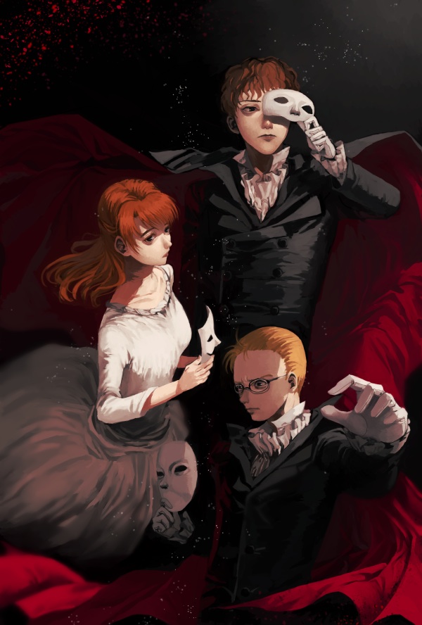 1girl, 2boys, arimori_yuuji, bags_under_eyes, bangs, black-framed_eyewear, black_background, black_cape