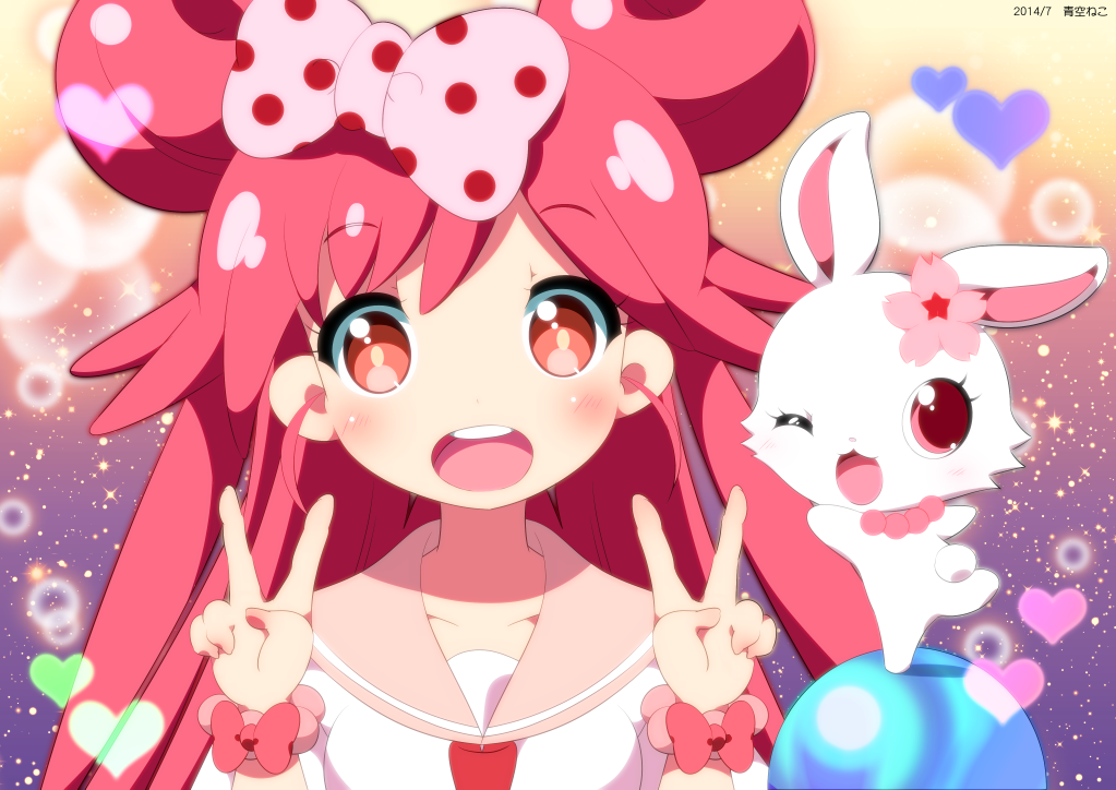 1girl, aosora_neko, blush, bow, double_bun, double_v, hair_bow, jewelpet_(series)
