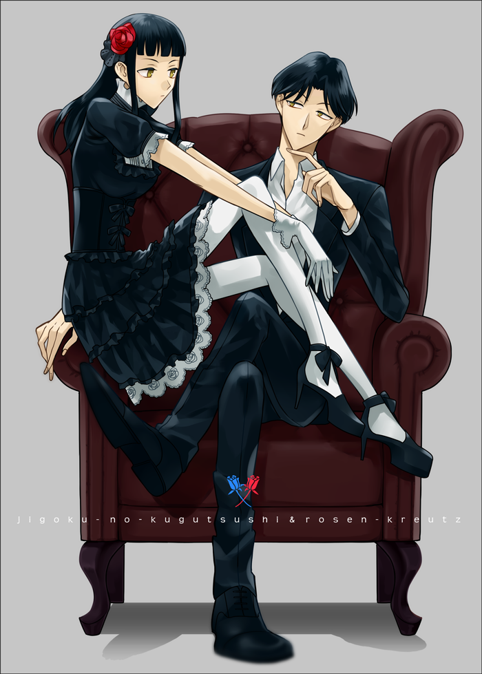 1boy, 1girl, black_hair, couch, flower, formal, gothic_lolita, hair_flower