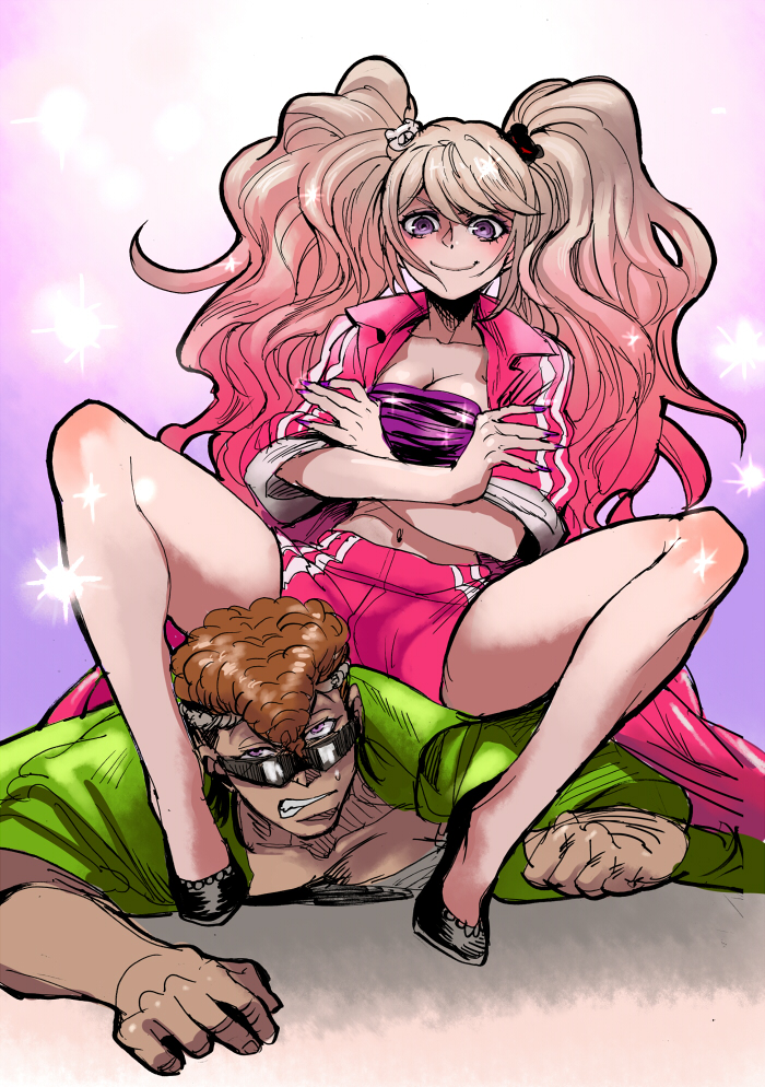 1boy, 1girl, alternate_costume, black_hair, breasts, brown_hair, cleavage, crossed_arms