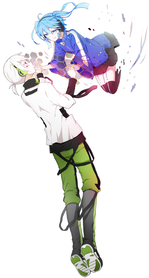 1boy, 1girl, blue_eyes, blue_hair, ene_(kagerou_project), headphones, kagerou_project, konoha_(kagerou_project)