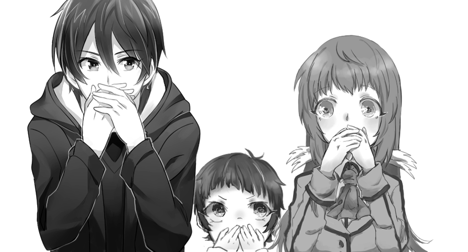 1girl, 2boys, aki_(neyuki41028), covering_mouth, kihara_tsumugu, long_hair, monochrome, mukaido_manaka