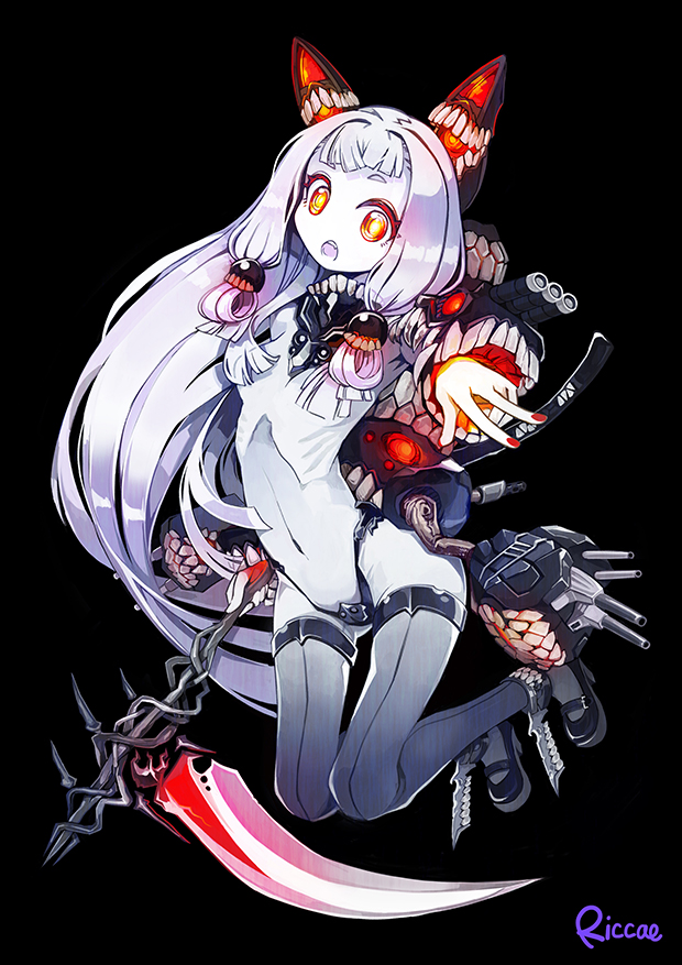 1girl, dark_persona, hair_ornament, horns, kantai_collection, long_hair, murakumo_(kantai_collection), pale_skin