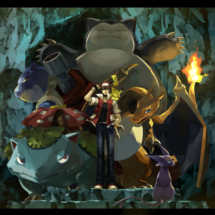 1boy, baseball_cap, blastoise, cannon, cave, charizard, claws, dragon, epic, espeon, fire, hat, highres, jacket, jeans, open_arms, outstretched_arms, pikachu, pokemon, pokemon_(creature), pokemon_(game), pokemon_gsc, pokemon_rgby, popped_collar, red_(pokemon), snorlax, spread_arms, usao_(313131), venusaur, waiting, wings