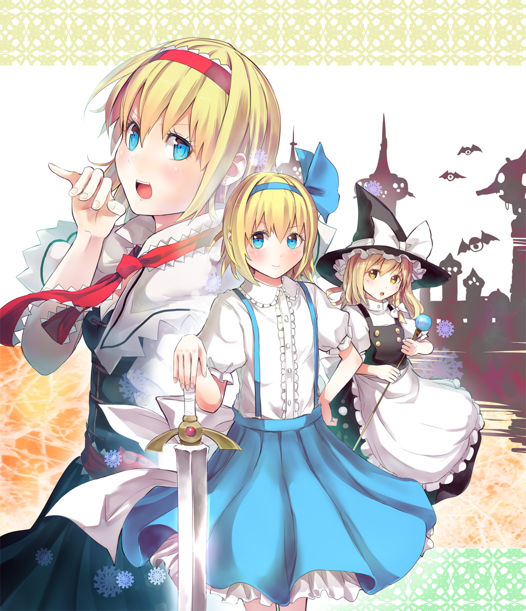 3girls, alice_margatroid, alice_margatroid_(pc-98), apron, bat, baton, black_dress, blonde_hair