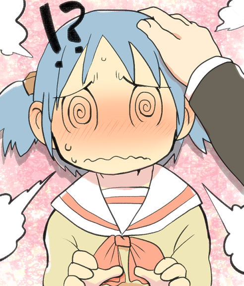 !?, 1boy, 1girl, @_@, blue_hair, blush, full-face_blush, hand_on_head