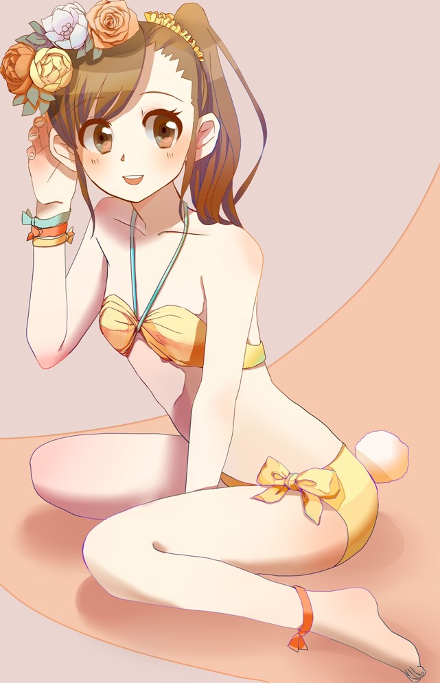 bikini, brown_eyes, brown_hair, flower, futami_mami, hair_ornament, idolmaster, kadayashi