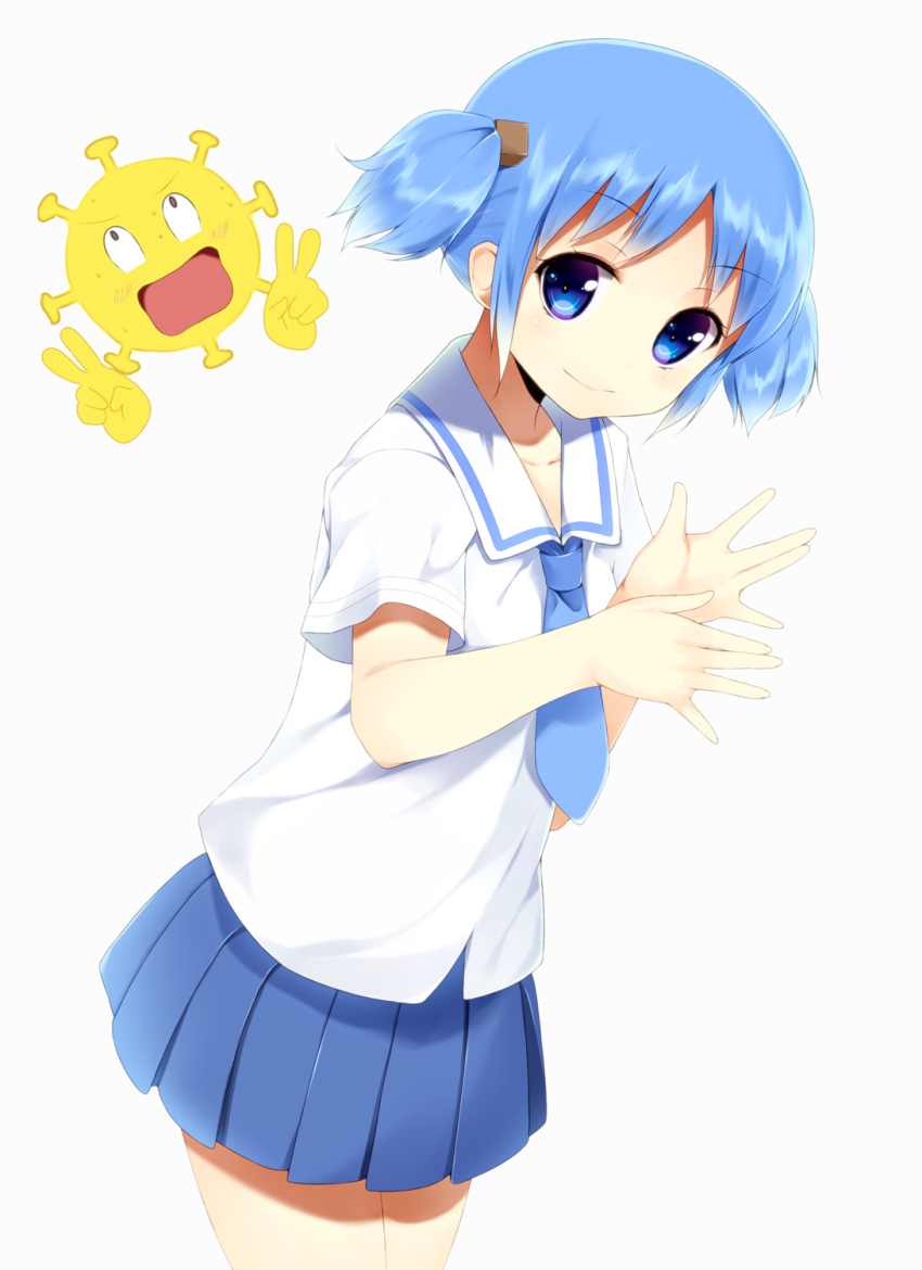 1girl, blue_eyes, blue_hair, hair_cubes, hair_ornament, highres, kamakura_(nichijou), naganohara_mio