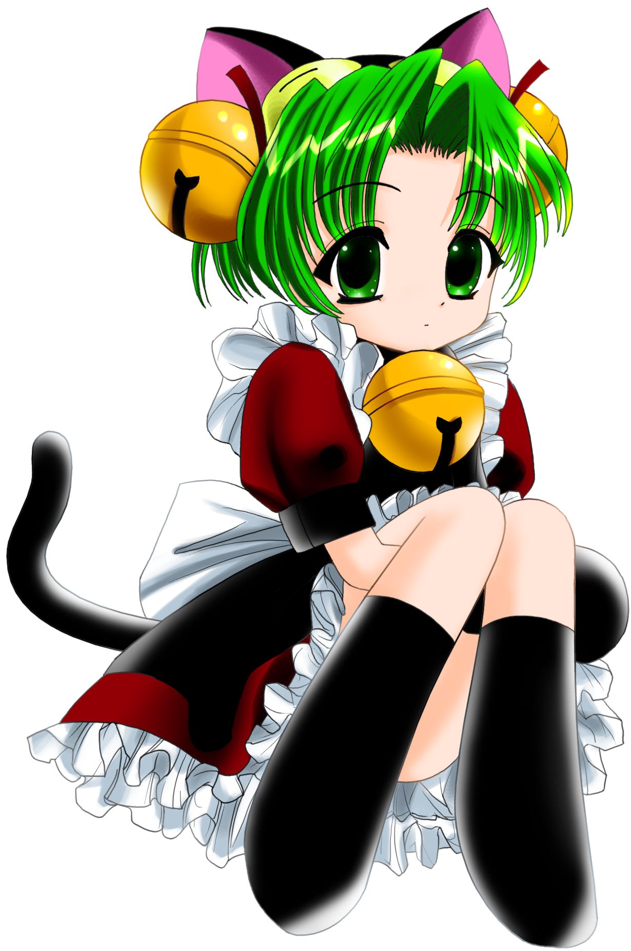 apron, bell, bow, dejiko, di_gi_charat, dress, gloves, green_eyes