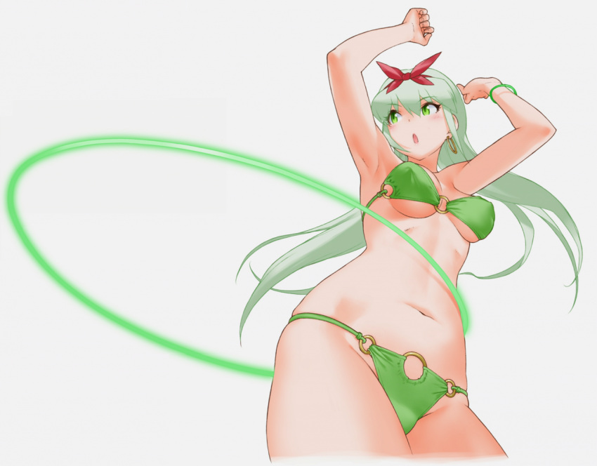 :o, arms_up, bikini, bow, bracelet, cropped_legs, earrings, esmeralda_(otomedius)
