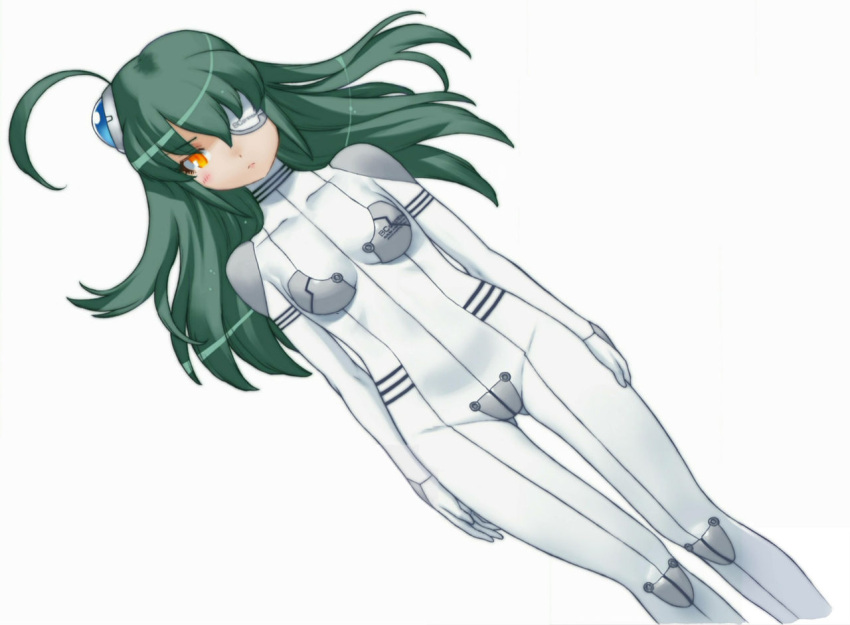 1girl, ahoge, arms_at_sides, bodysuit, cropped_legs, eyepatch, floating_hair, green_hair