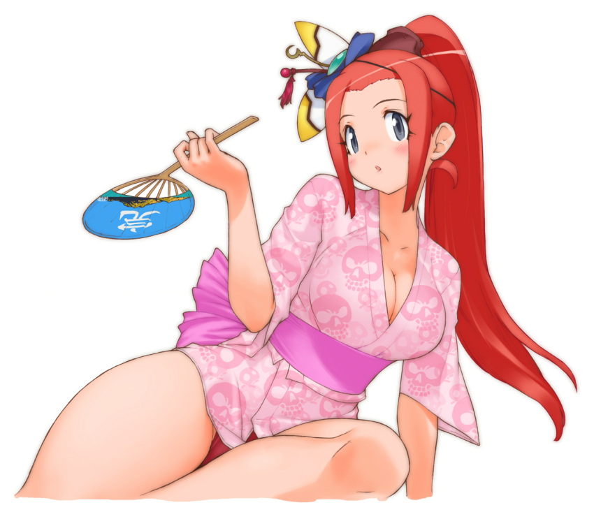 1girl, :o, black_eyes, breasts, cleavage, fan, hair_ornament, hanafuuma_gesshi
